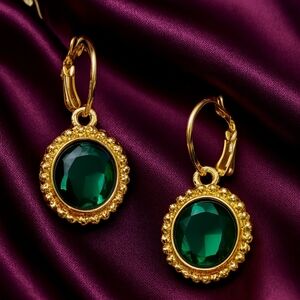 Gold Dangle Earrings – Emerald Green Gemstone Drops, Dainty Women’s Jewelry